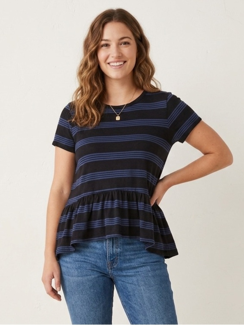 Stateside Striped Peplum Short Sleeve Tee Size Large Navy and Black